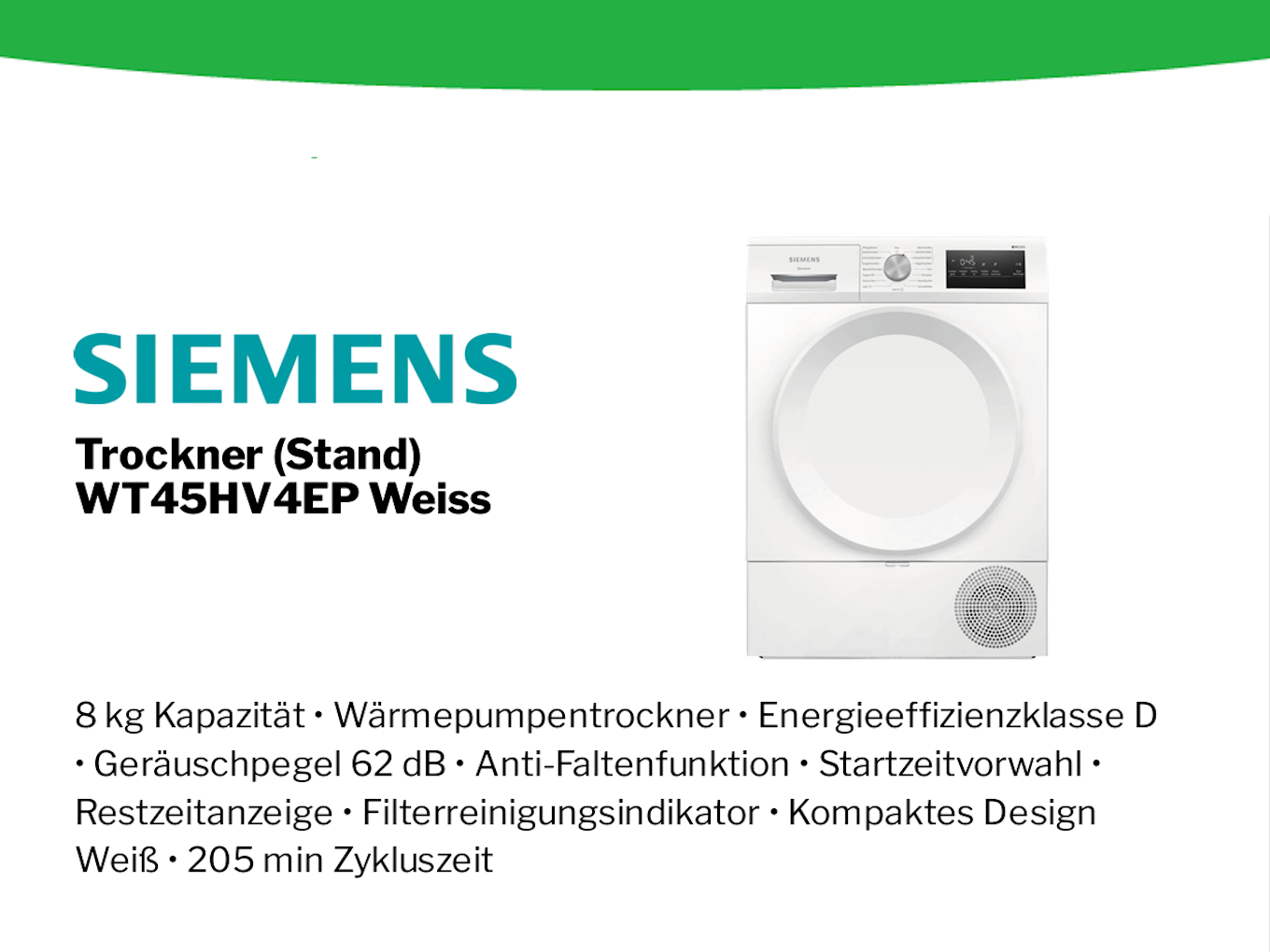 Siemens Wärmepumpentrockner WT45HV4EP in Weiß, 8 kg Fassungsvermögen und Energieeffizienzklasse D.