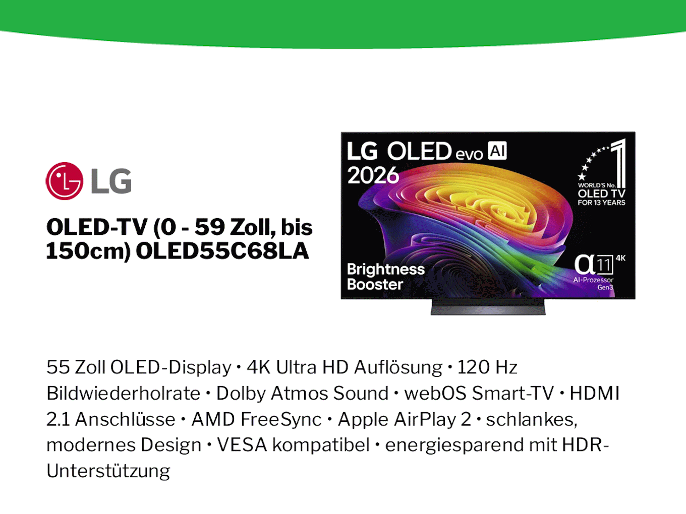 LG OLED-TV OLED55C68LA mit 55 Zoll, 4K Ultra HD, 120 Hz, Dolby Atmos und webOS Smart-TV.