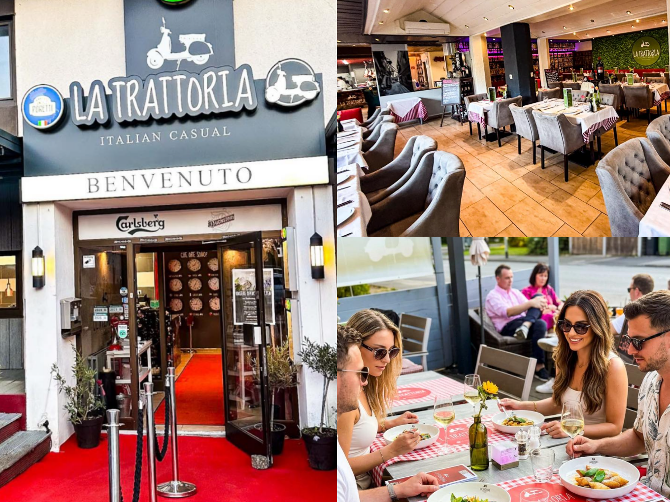 Eingang, Gastraum und Außenterrasse des italienischen Restaurants La Trattoria