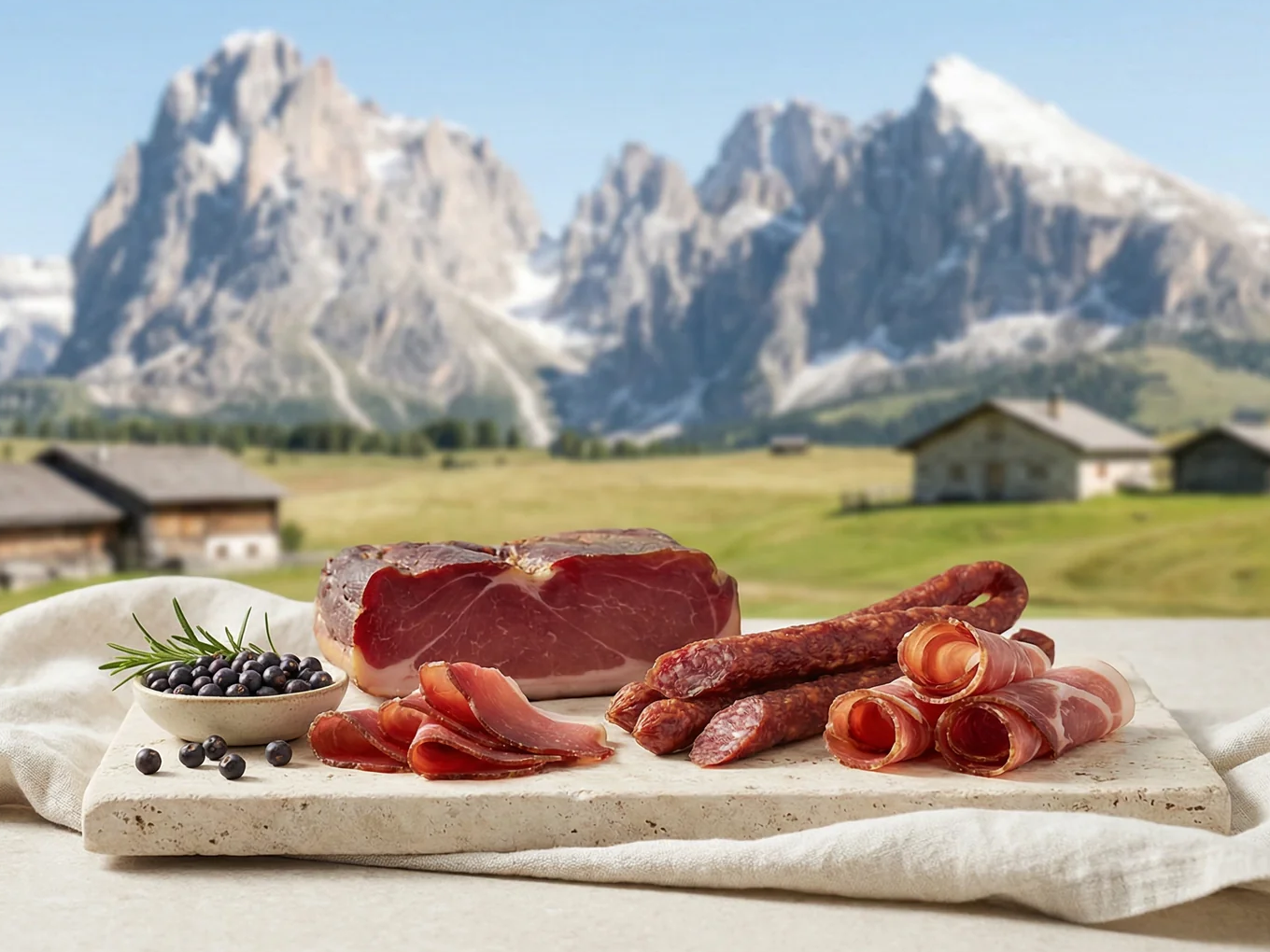 Italienische Wurst- und Schinkenspezialitäten vor einer Bergkulisse