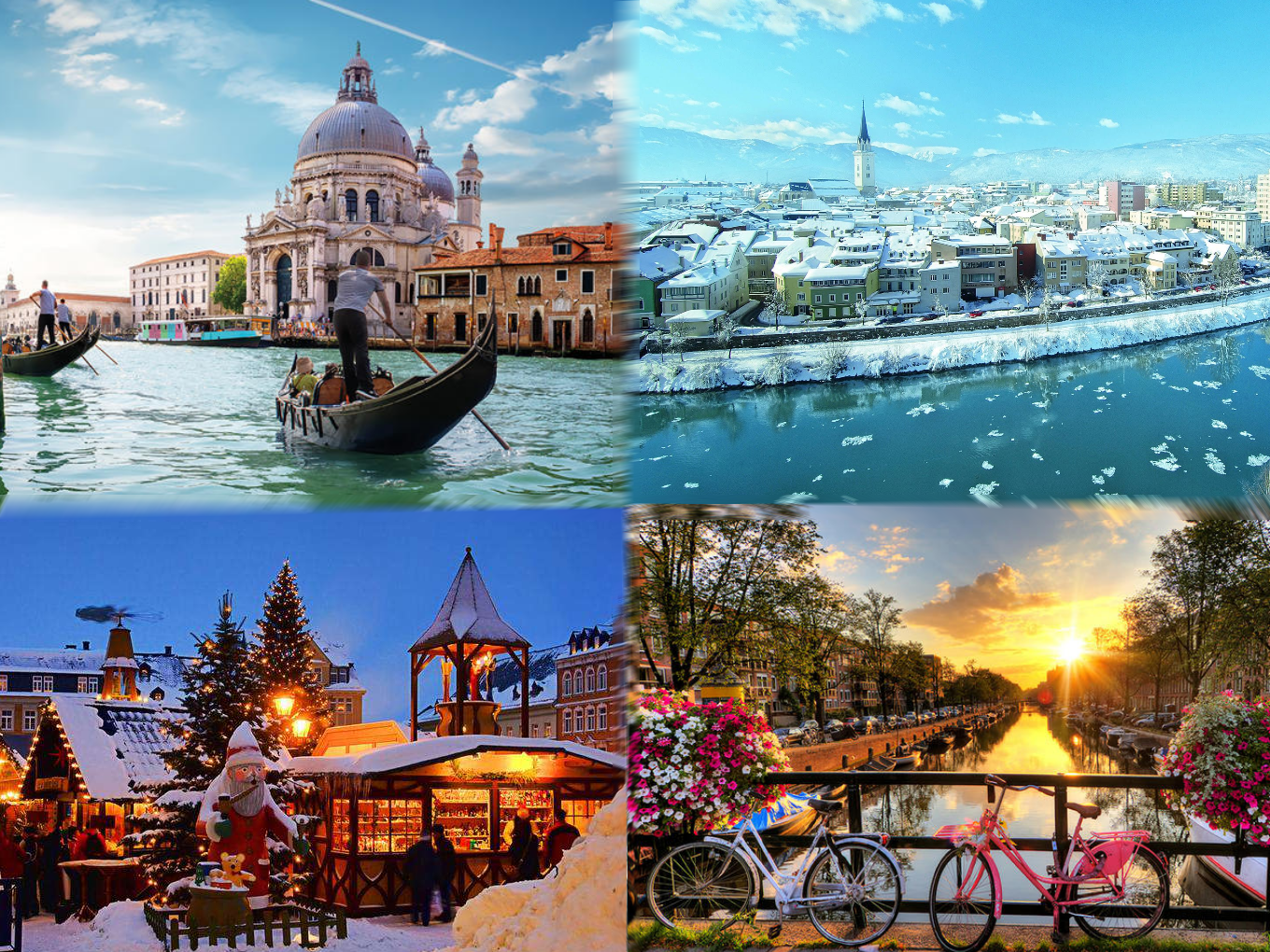 Collage aus vier Bildern: Gondeln in Venedig, verschneite Stadt am Fluss, Weihnachtsmarkt, Fahrräder an einem Kanal bei Sonnenuntergang.
