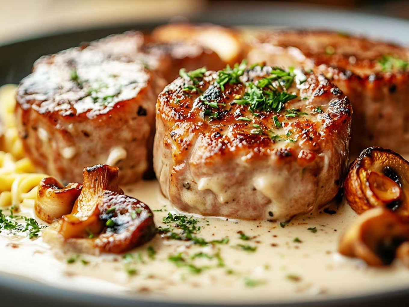 Gebratene Schweinemedaillons mit Pilzen in Rahmsoße
