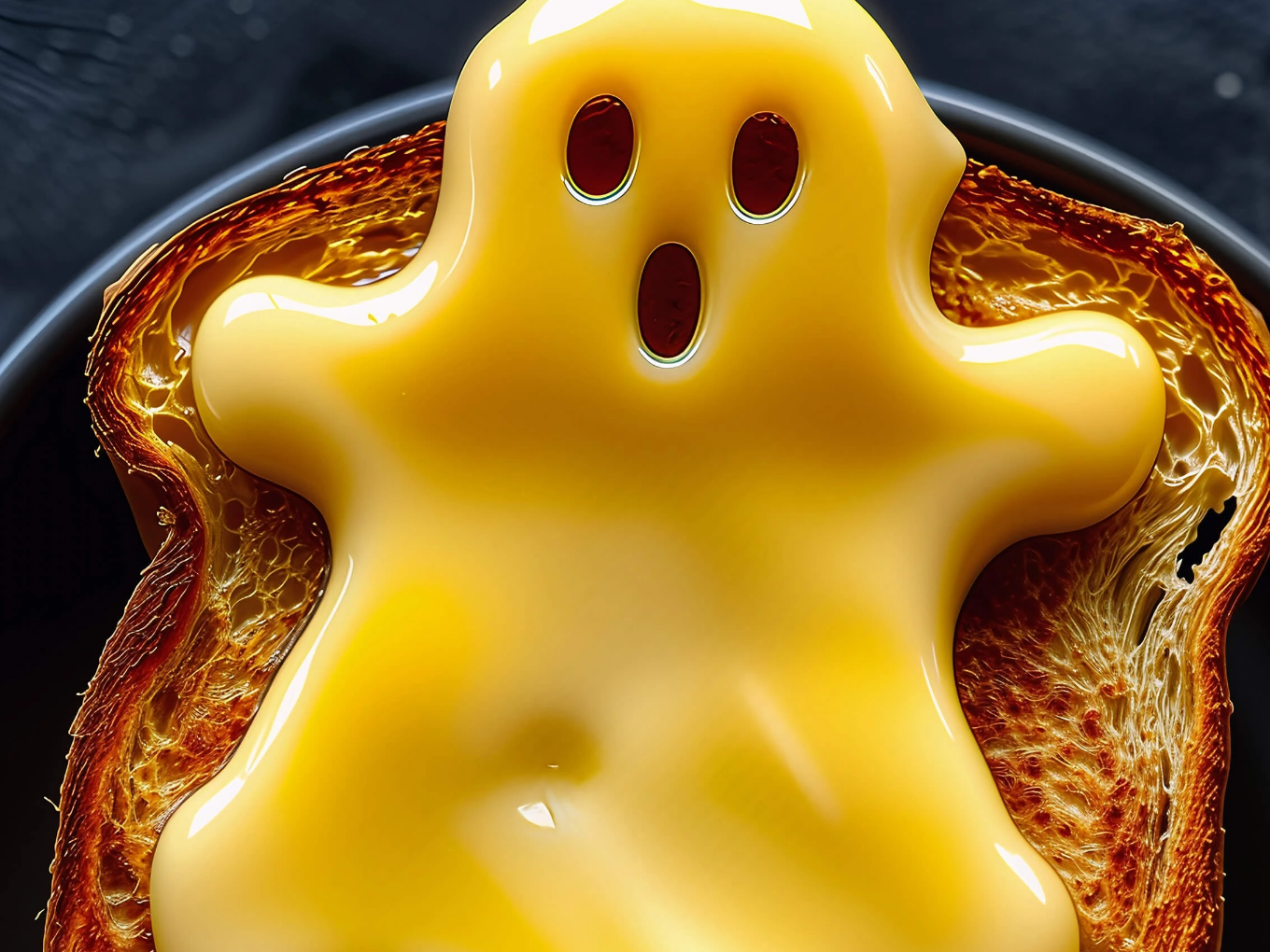 Toast mit Spiegelei in Form eines Geistes, passend zu Halloween.
