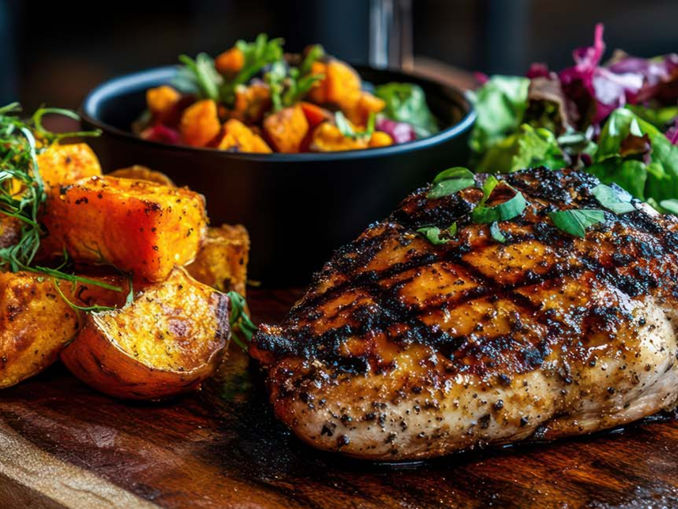 Gegrilltes Steak mit Ofenkartoffeln und frischem Salat
