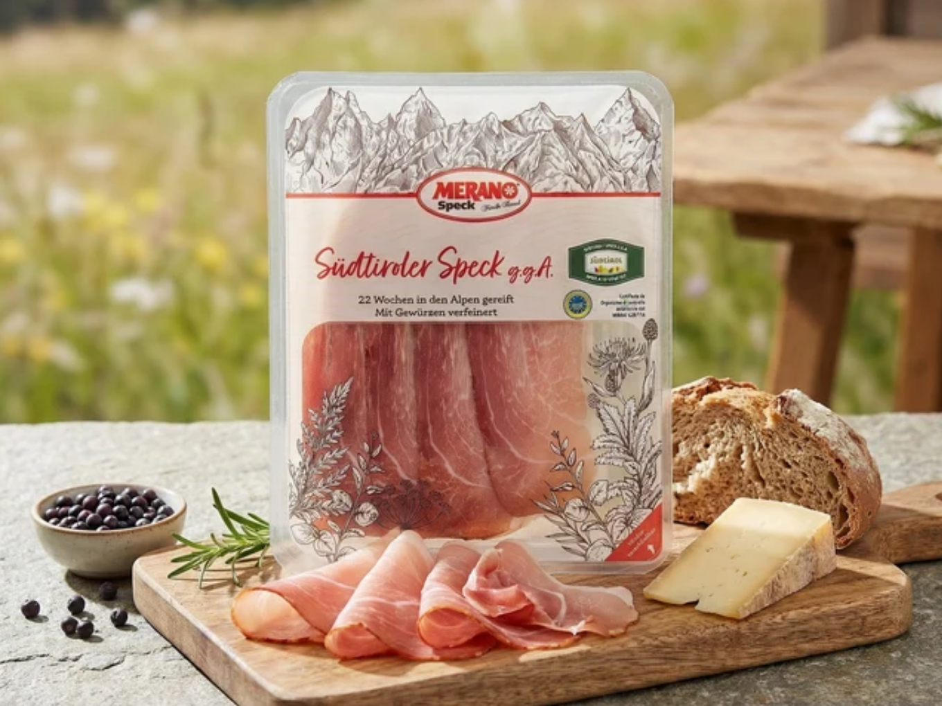 Südtiroler Speck mit Bauernbrot und Bergkäse auf einem Holzbrett
