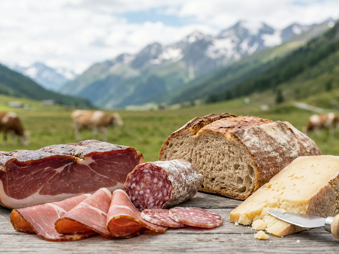 Südtiroler Speck, Salami, Bergkäse und Bauernbrot vor einer Alpenweide