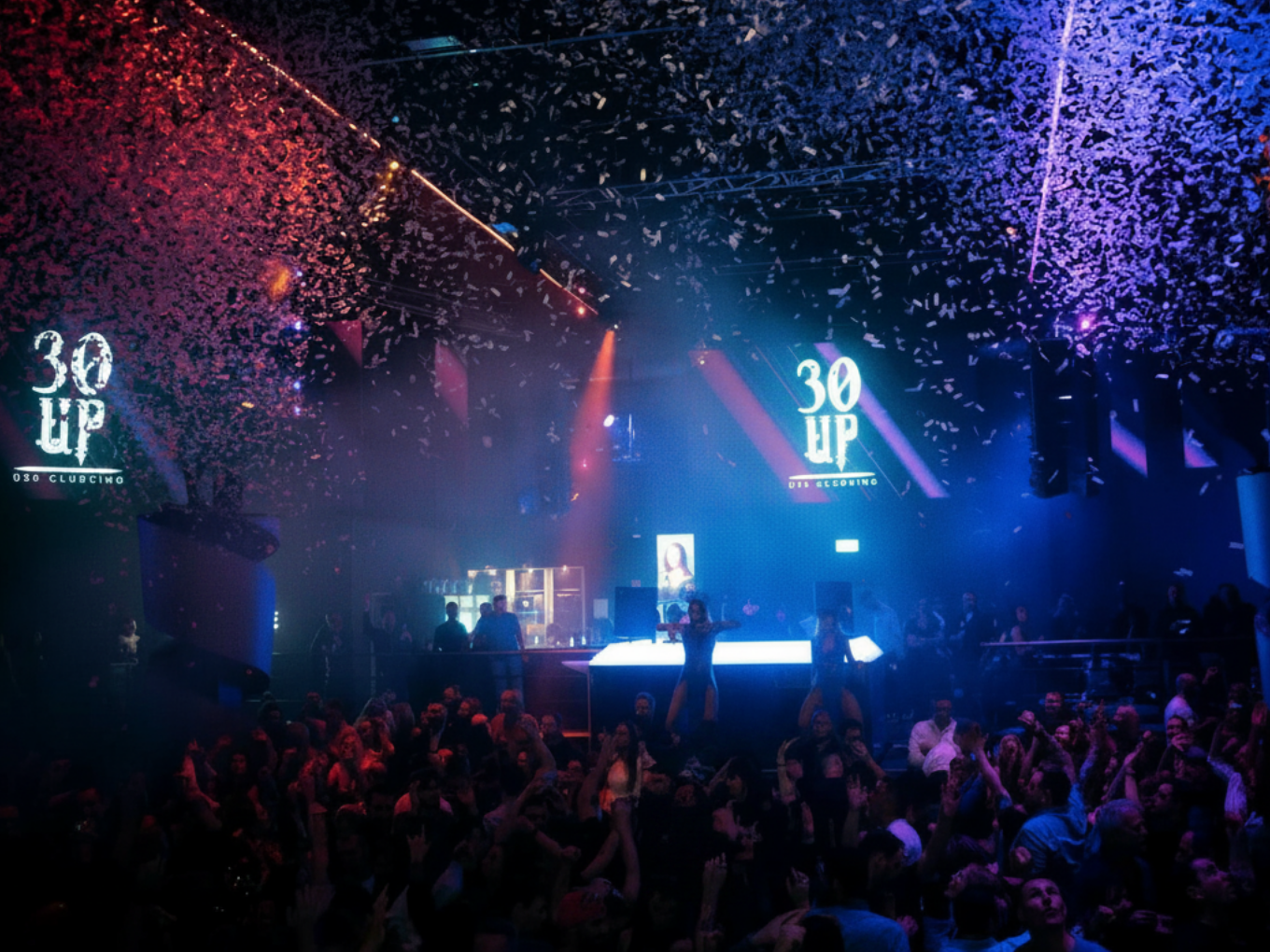 Konfetti-Regen und tanzende Gäste bei der 30 UP Ü30-Party im Club.