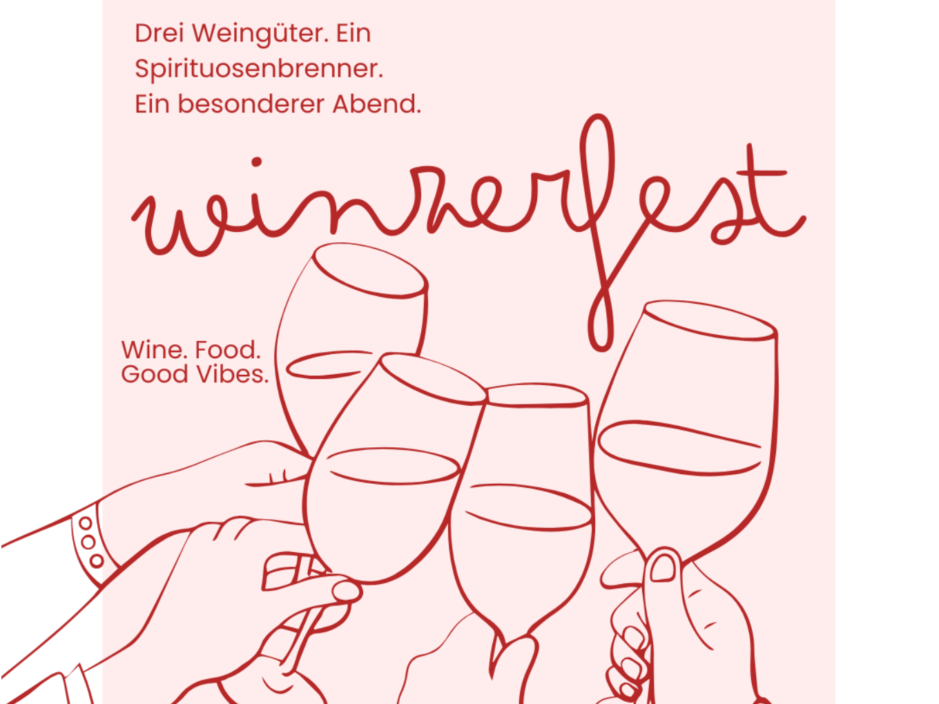 Veranstaltungsplakat zum Winzerfest: Drei Weingüter, ein Spirituosenbrenner und ein besonderer Abend mit Wein, Essen und guter Stimmung.