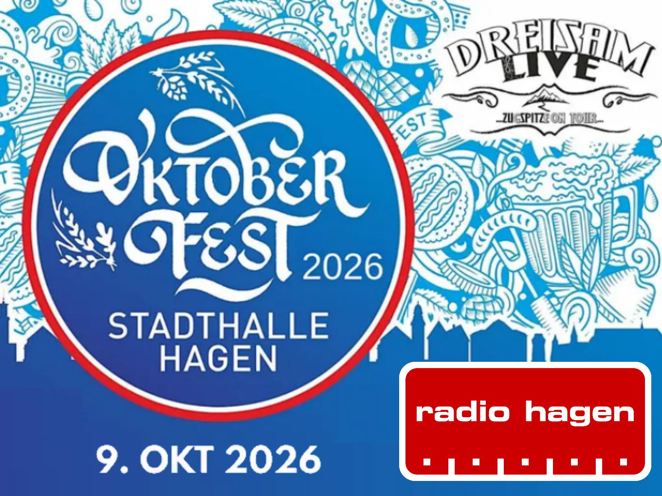 Werbeplakat für das Oktoberfest 2026 in der Stadthalle Hagen mit Dreisam Live und Radio Hagen.