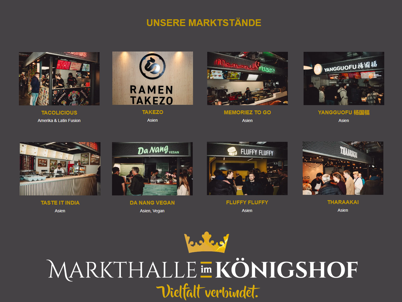Übersicht der Marktstände in der Markthalle im Königshof, darunter Tacolicious, Takezo, Memoriez To Go, Yangguofu, Taste It India, Da Nang Vegan, Fluffy Fluffy und Tharaakai.