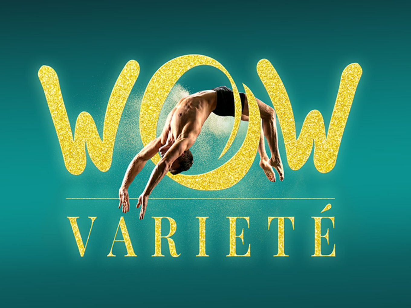 WOW Varieté Logo mit Akrobat vor goldenem Schriftzug