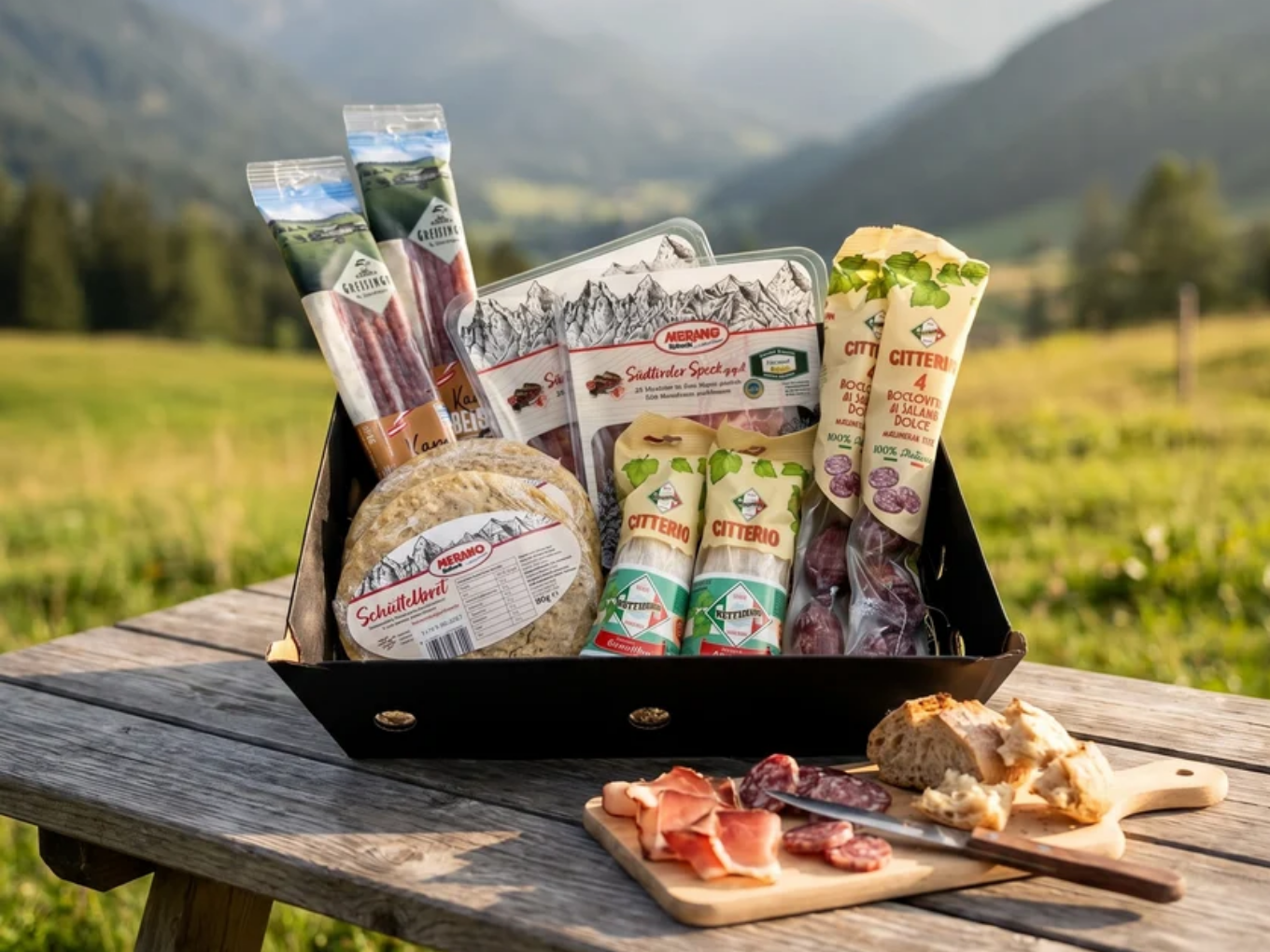 Präsentkorb mit Südtiroler Wurst- und Speckspezialitäten und Schüttelbrot in den Alpen