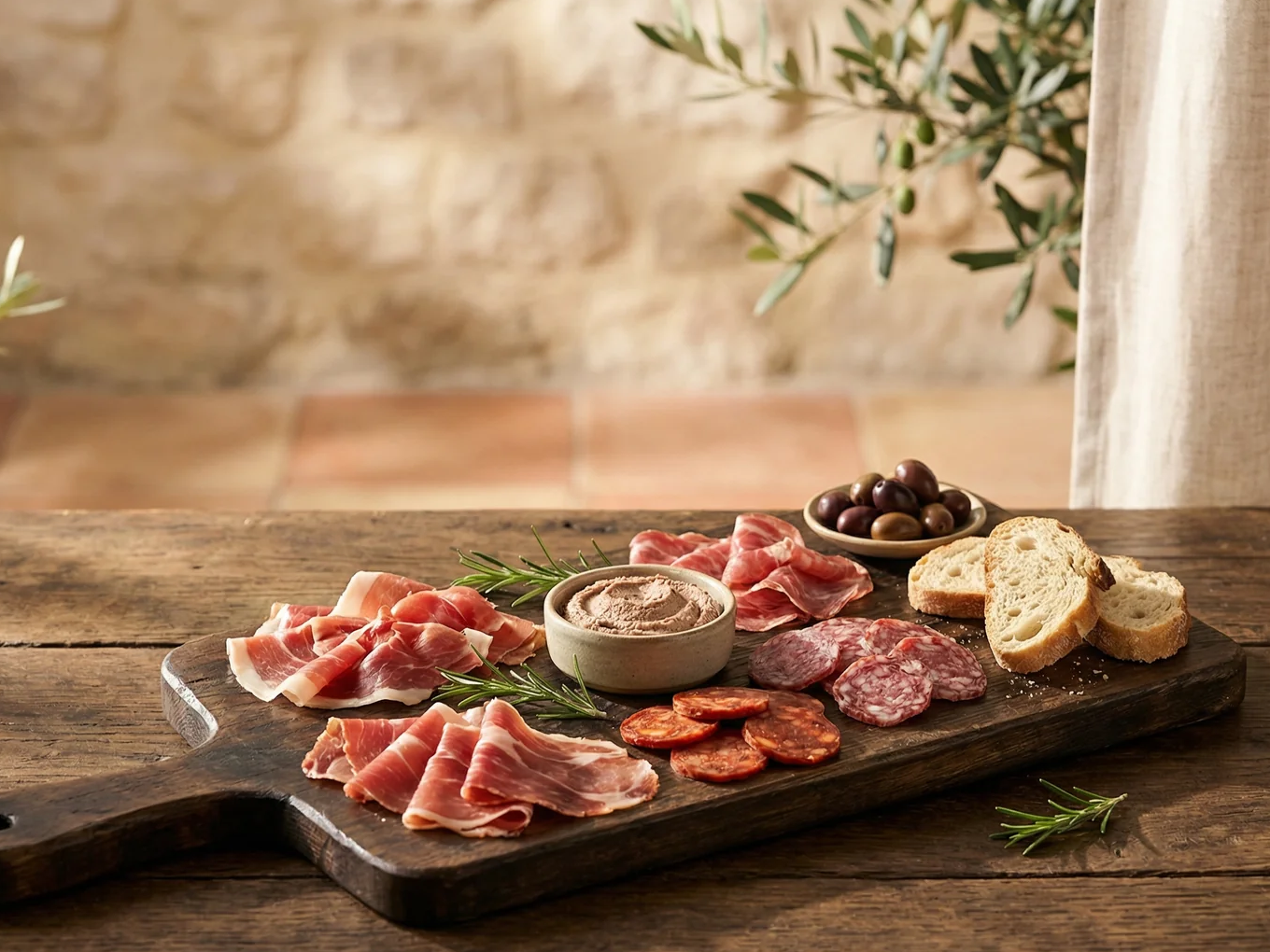 Spanische Tapas mit Schinken, Salami, Brot, Oliven und Aufstrich