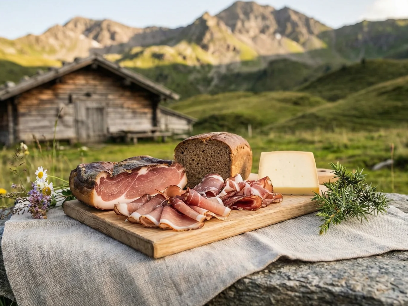 Deutsche Schinken- und Käsespezialitäten mit Bauernbrot vor einer Almhütte