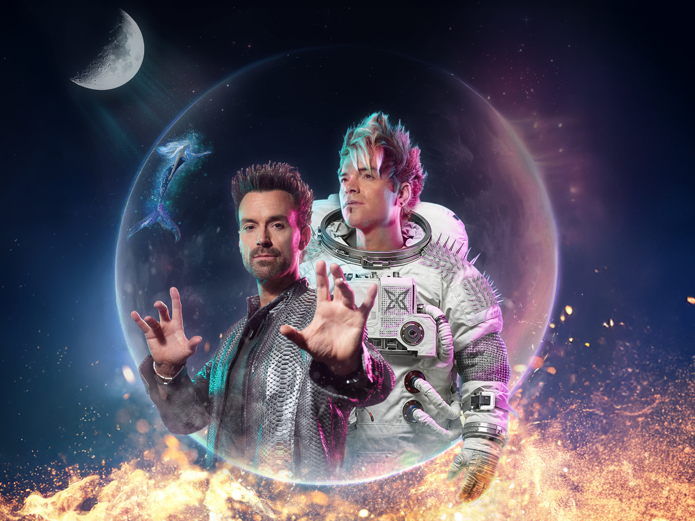 Die Ehrlich Brothers in Wonderworld: Ein Magier und ein Astronaut vor einem leuchtenden Planeten, umgeben von Mond, Sternen und Flammen.