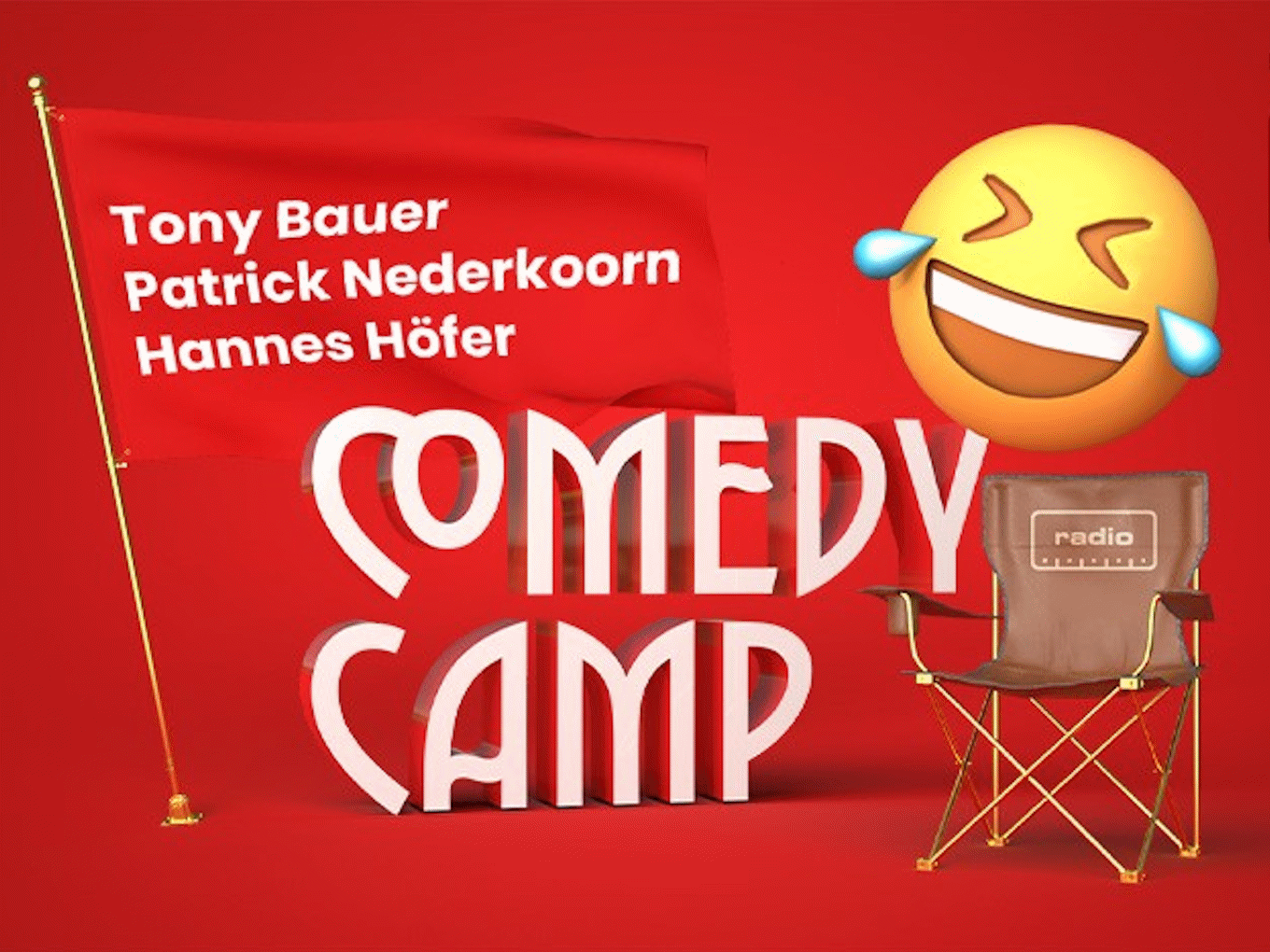 Comedy Camp Logo mit Schurftzug Comedy Camp, Tony Bauer, Patrick Nederkoorn, Hannes Höfer einem lachenden Smiley und einem Campingstuhl