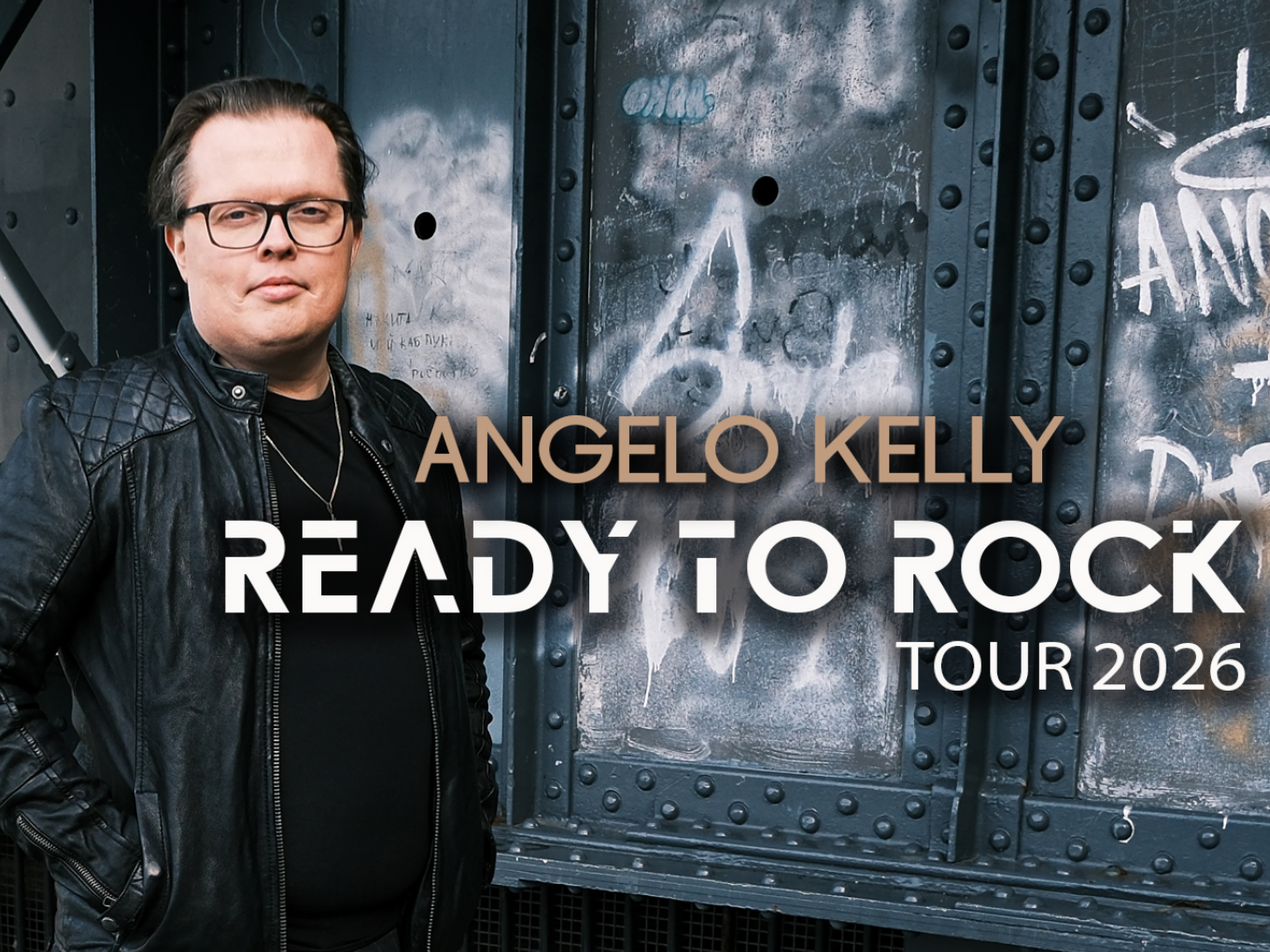 Angelo Kelly mit Lederjacke vor Graffiti-Wand: Text: Ready to Rock Tour 2026