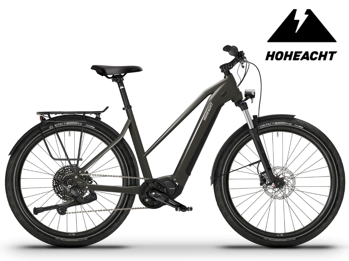 HOHEACHT Pasia Terra E-Bike mit tiefem Einstieg, seitliche Ansicht, schwarzes Design, Logo oben rechts.