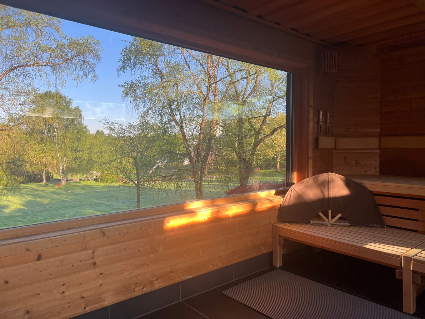 Holzsauna mit großer Panoramascheibe und Blick auf die grüne Parklandschaft des Grugaparks.