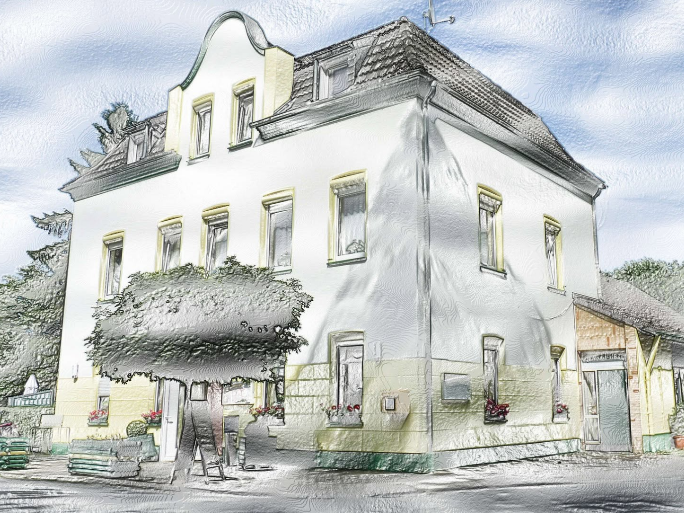 Außenansicht des Steakhauses am Dachsberg als Zeichnung