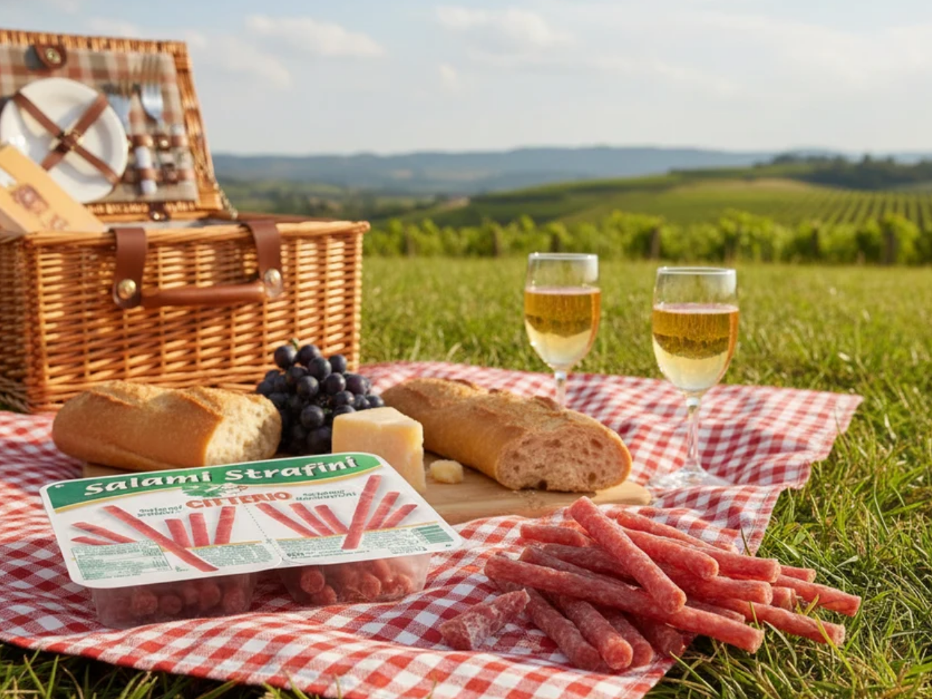 Picknick mit Salami-Sticks, Baguette, Käse und Weißwein im Weinberg