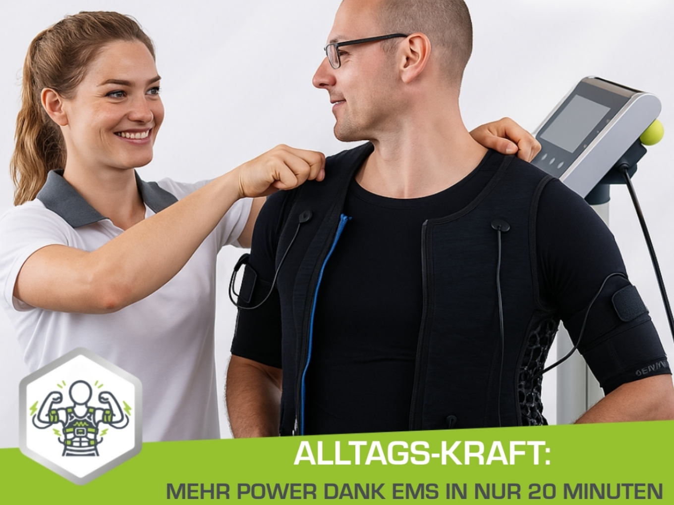 EMS-Training: Trainerin hilft Mann beim Anlegen der EMS-Weste, Text: Alltags-Kraft – mehr Power dank EMS in nur 20 Minuten.