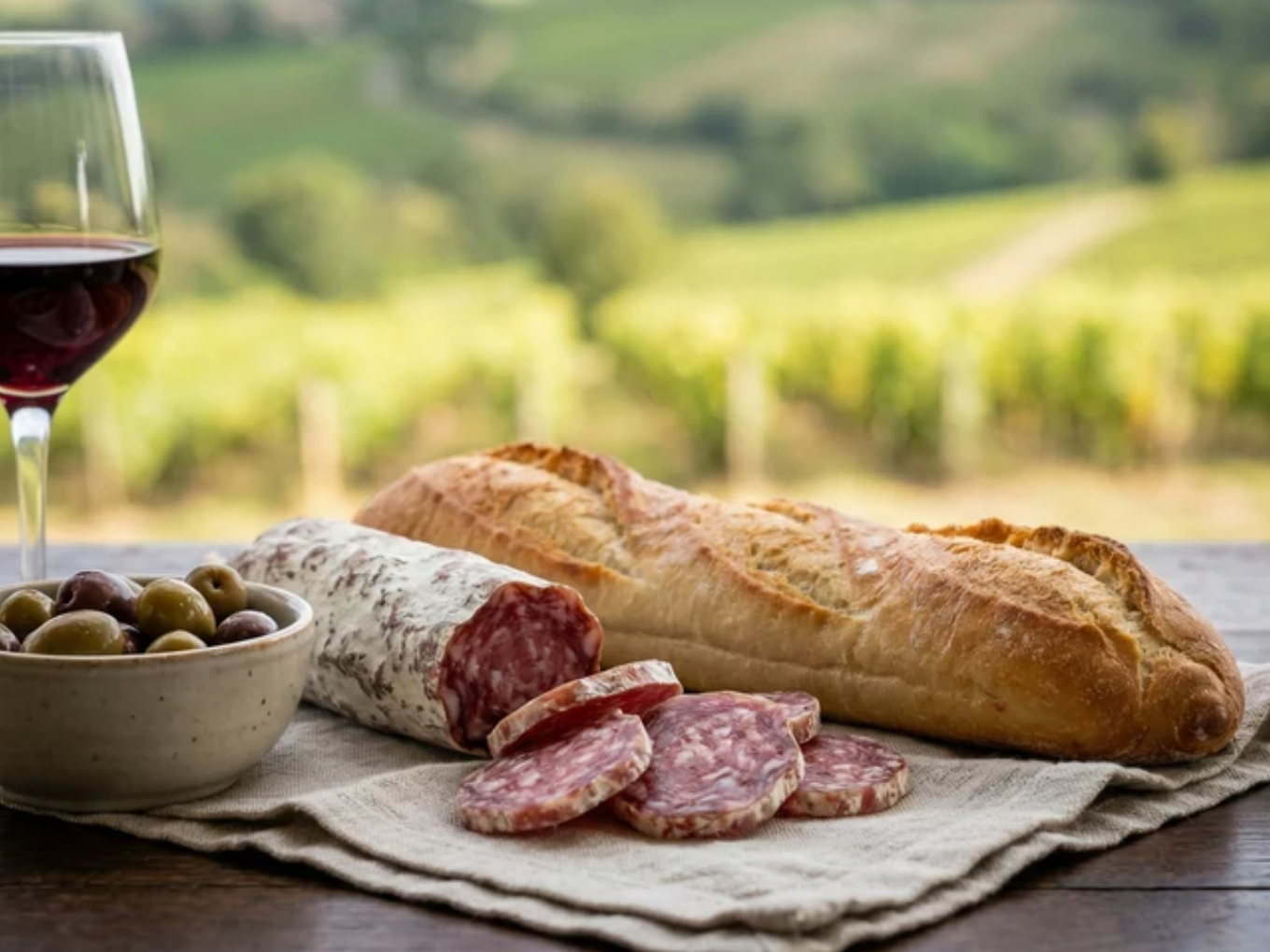 Französische Salami mit Baguette, Oliven und Rotwein vor einem Weinberg