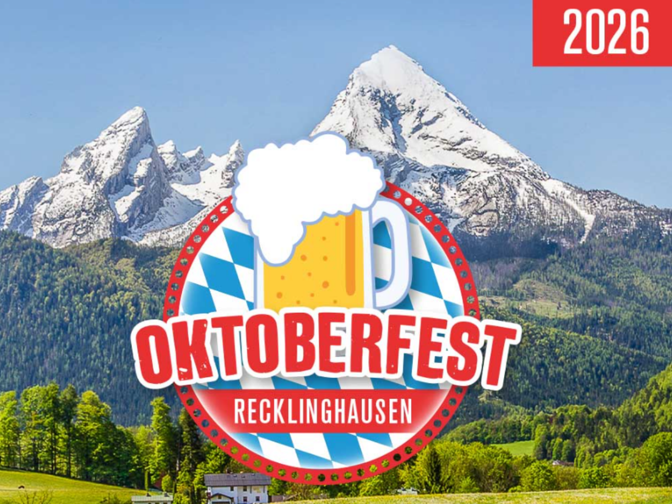 Logo des Oktoberfests Recklinghausen 2026 vor einer Alpenkulisse