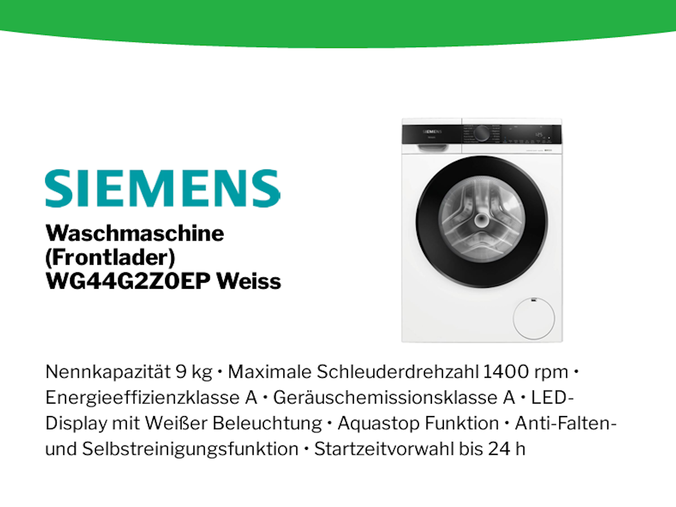 Siemens Frontlader-Waschmaschine WG44G2Z0EP in Weiß, 9 kg Fassungsvermögen, 1.400 U/min und Energieeffizienzklasse A.